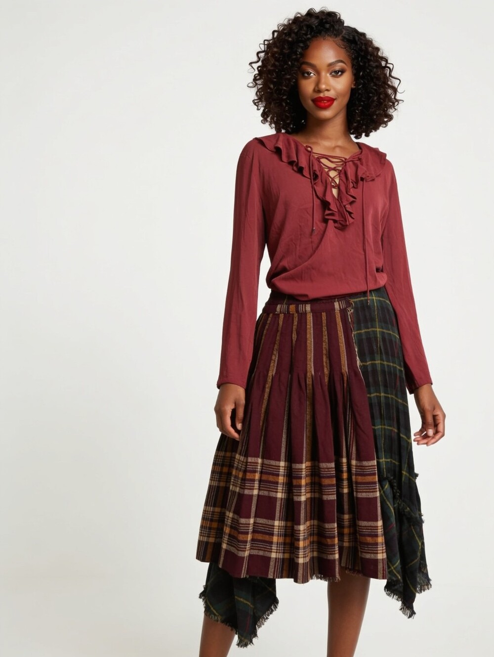 Asymmetrical Plaid Midi Skirt in Black, Brown and Green